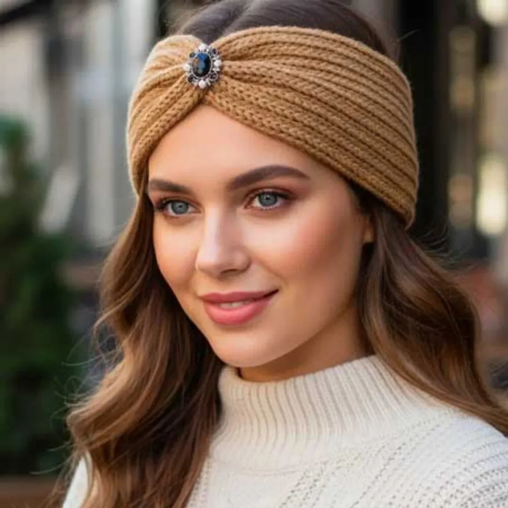Ladies Tan Vintage Style Jewel Knitted Winter Headband